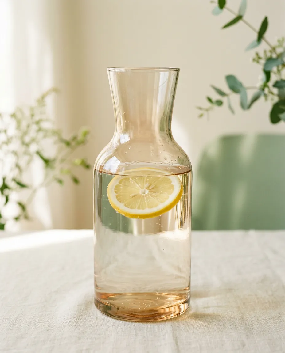 Sunlight dancing across a clear glass carafe of pure spring water with fresh citrus