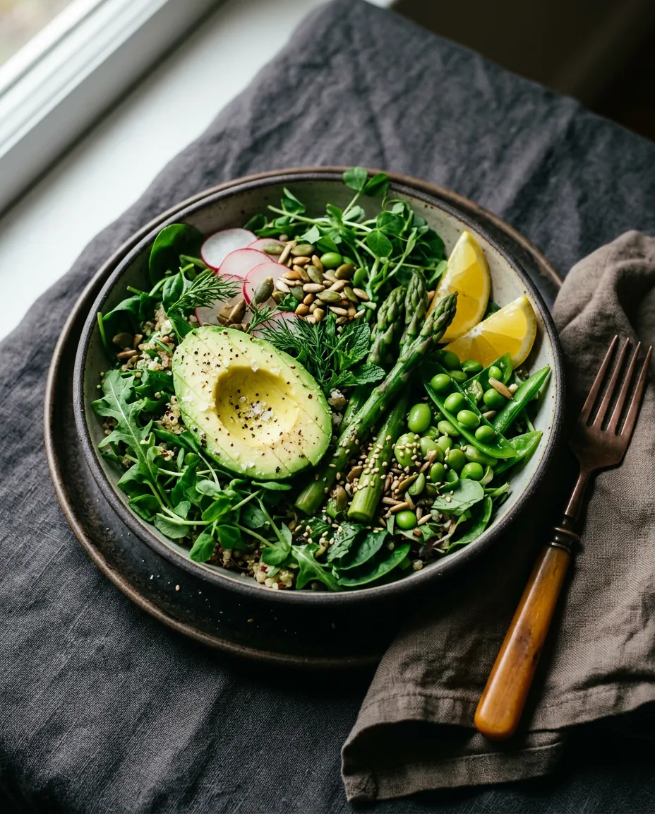 Elegantly plated seasonal spring harvest bowl with vibrant greens, avocado and herbs
