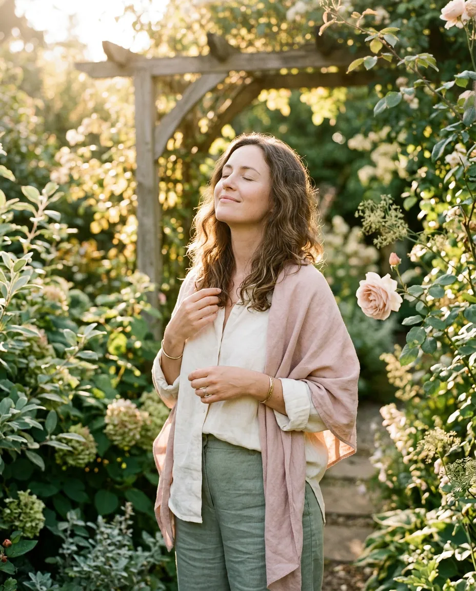Woman in morning sunlight breathing deeply in a serene outdoor garden setting