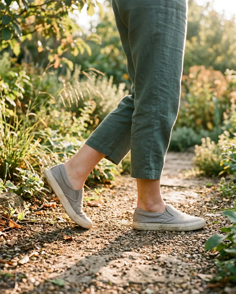 Gentle morning stretching in soft sunlit studio overlooking lush botanical greenery