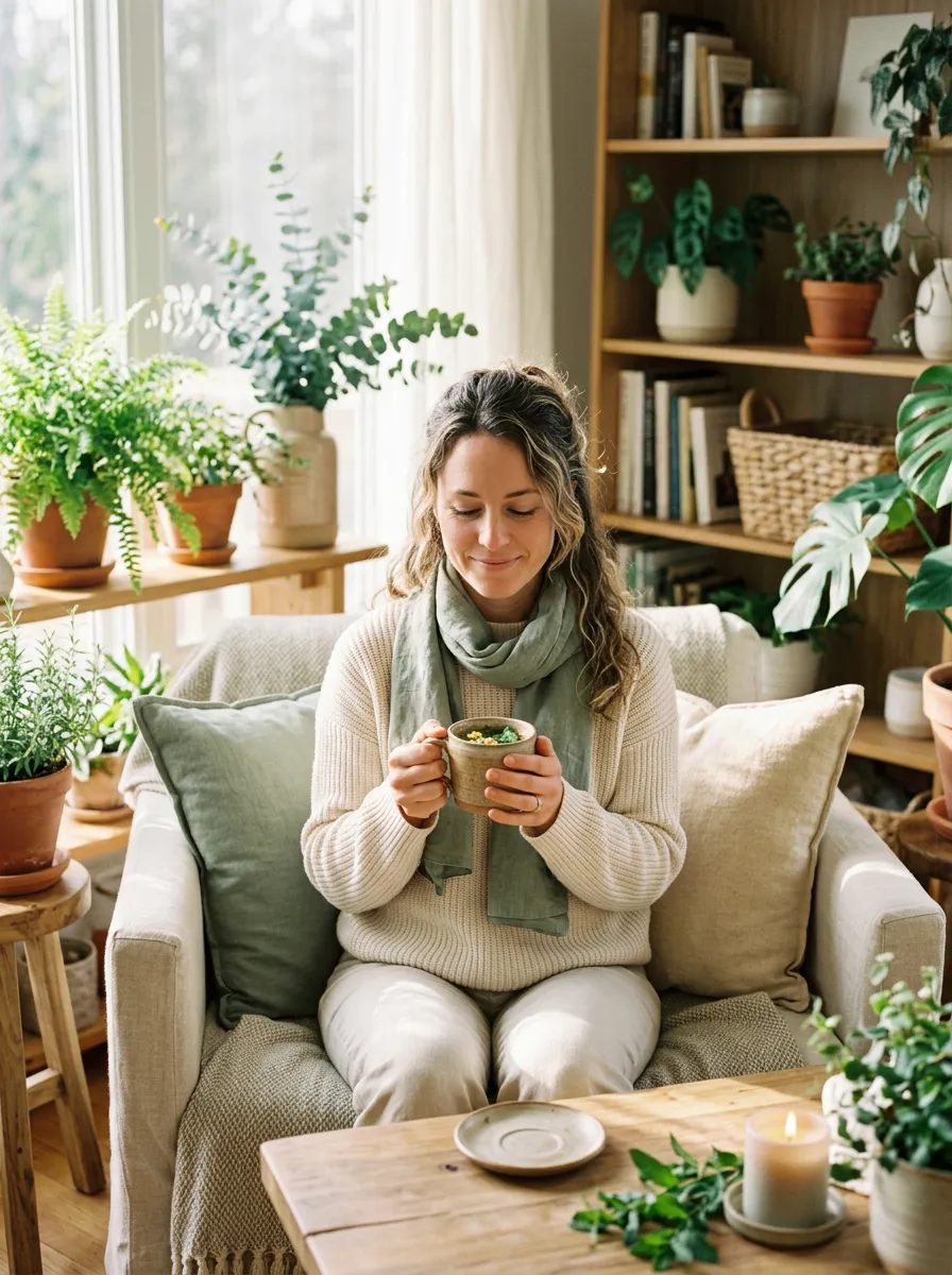 Serene woman holding warm herbal tea in sunlit botanical living space