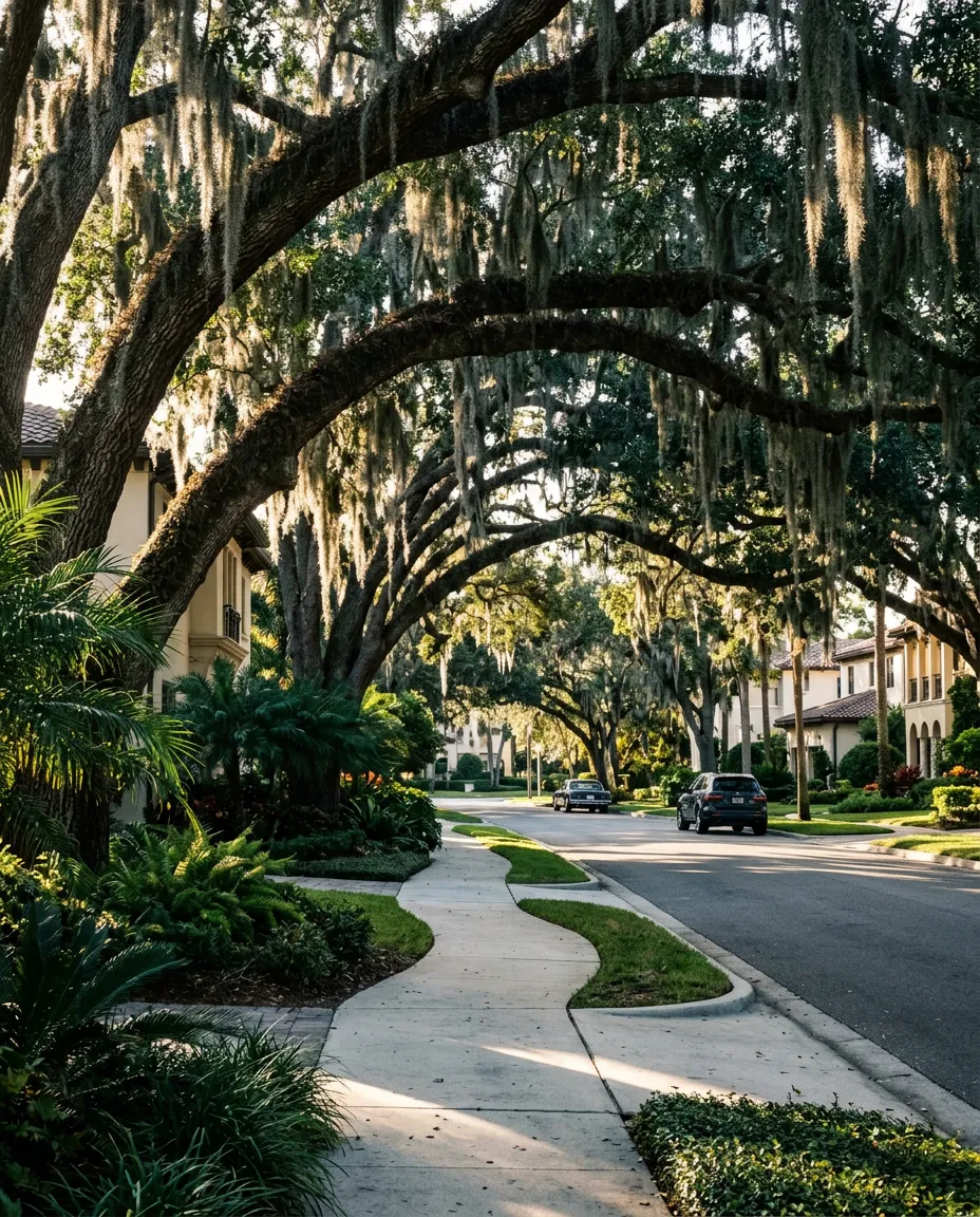 Sunlight filtering through moss-draped live oak trees along a tranquil Sunset Park street in South Tampa