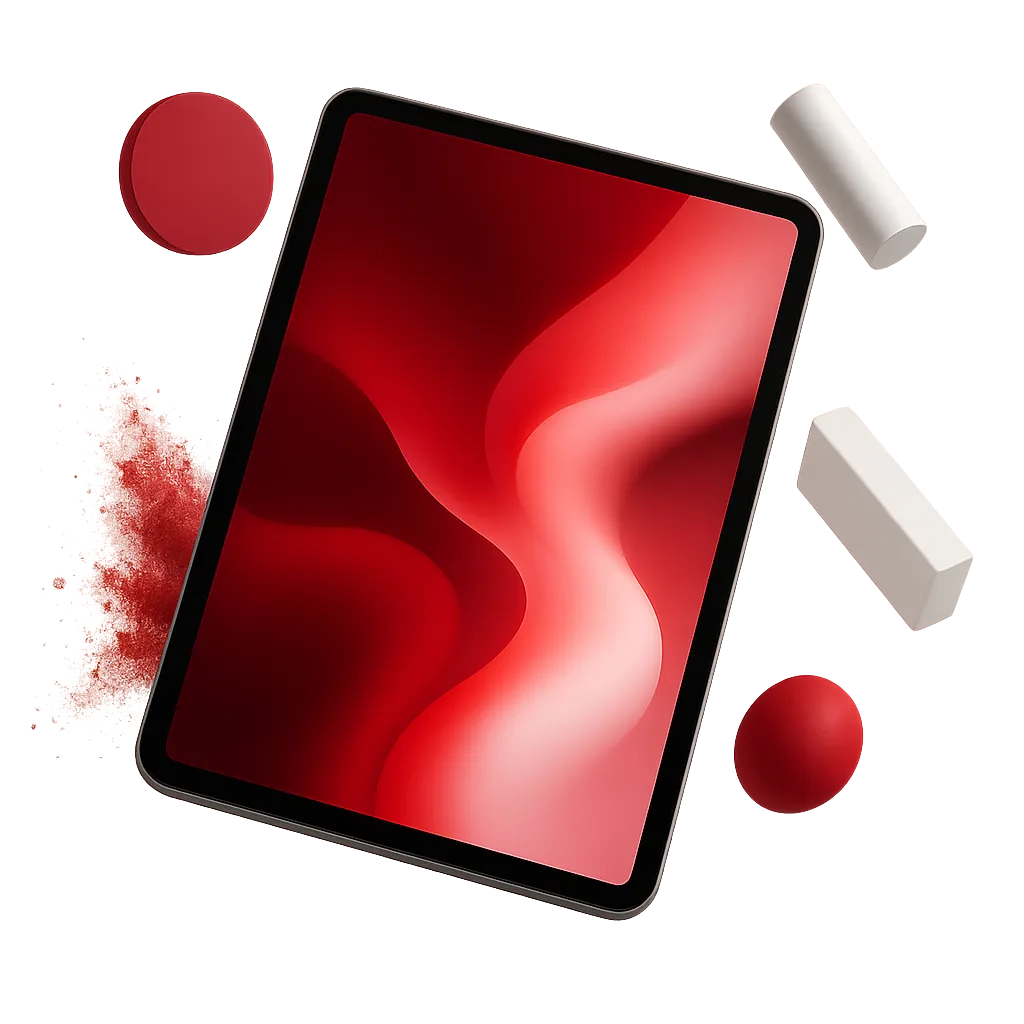 Sleek floating abstract beauty tablet with cosmetics powder explosions in red and white