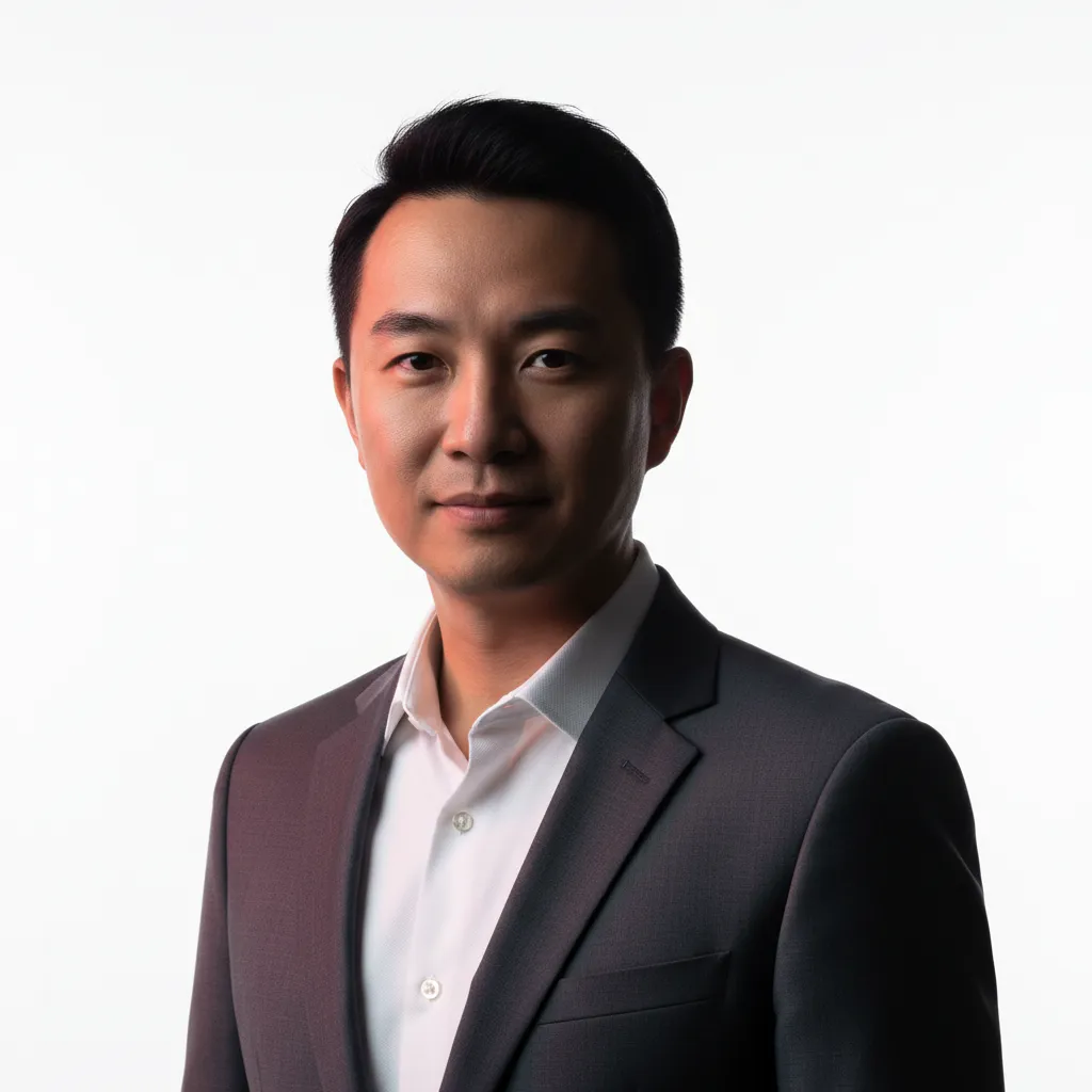 High-fashion beauty headshot of Marcus Chen