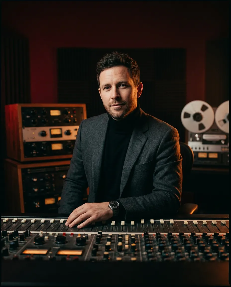 Noir high-fashion editorial portraits of studio engineers and sound specialists in analog control room