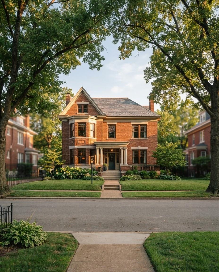 Historic brick residential home in St. Louis Missouri with landscaped front yard