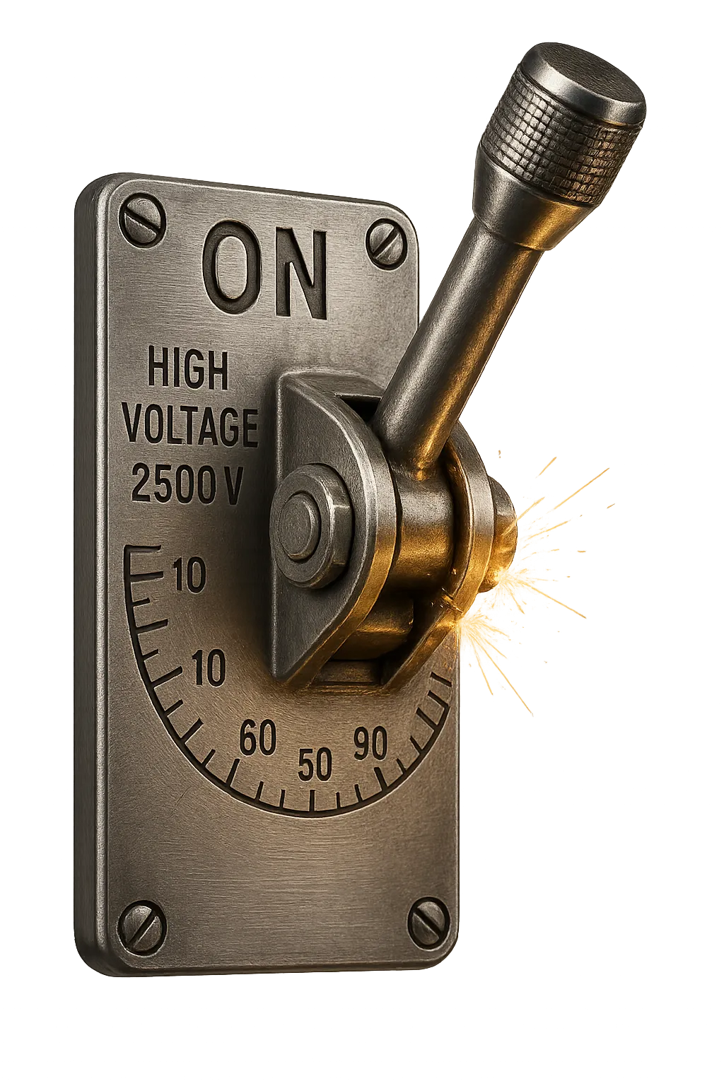 Technical blueprint schematic of an industrial high-voltage breaker switch with circuit pathways, voltage ratings, and machined calibration markings