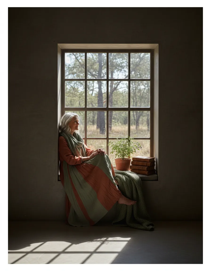 Mature woman looking out window thoughtfully