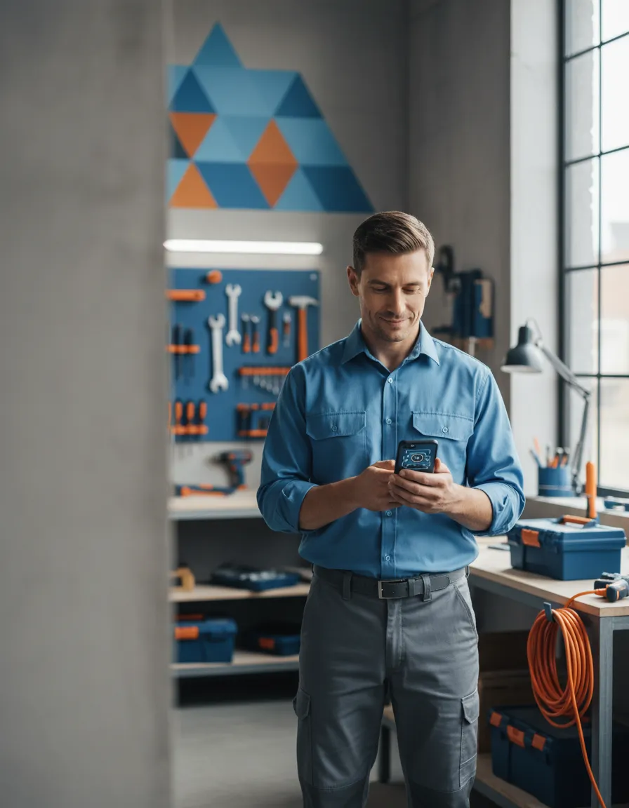 Handwerker schaut auf Smartphone mit eingehenden Anfragen