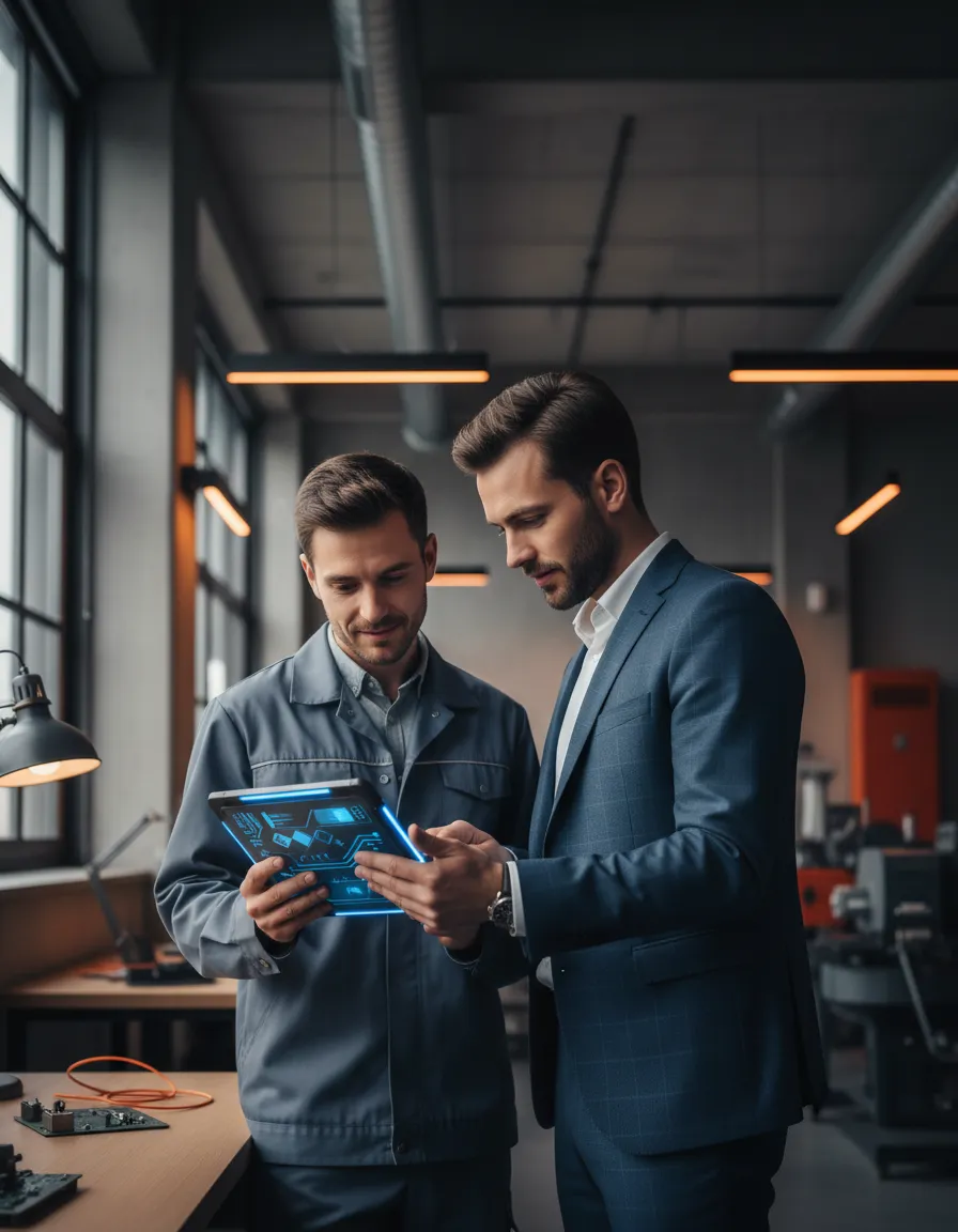 Smart Stack System Dashboard auf Tablet neben Handwerker