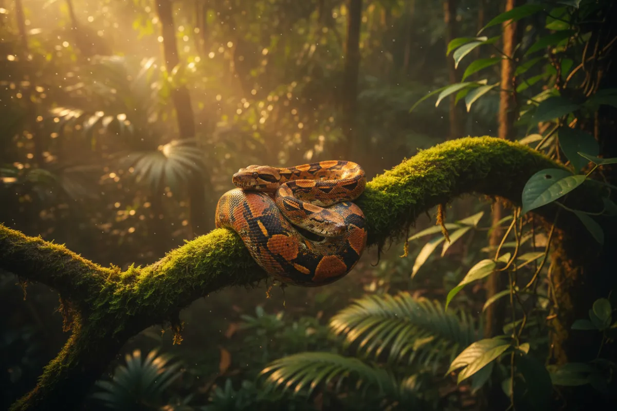 Aerial close-up of a jungle clearing at golden hour with a colorful boa coiled on a mossy branch, highlighting wild habitat and a sense of discovery.