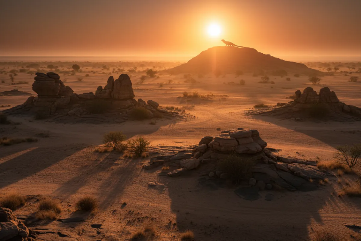 Arid savannah landscape at sunrise with rock outcrops and distant reptile silhouette