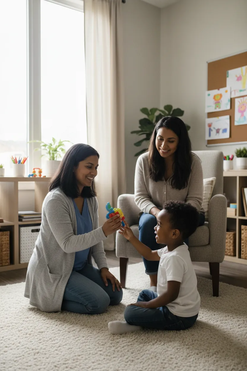 Child and caregiver in a calm, supportive therapy setting