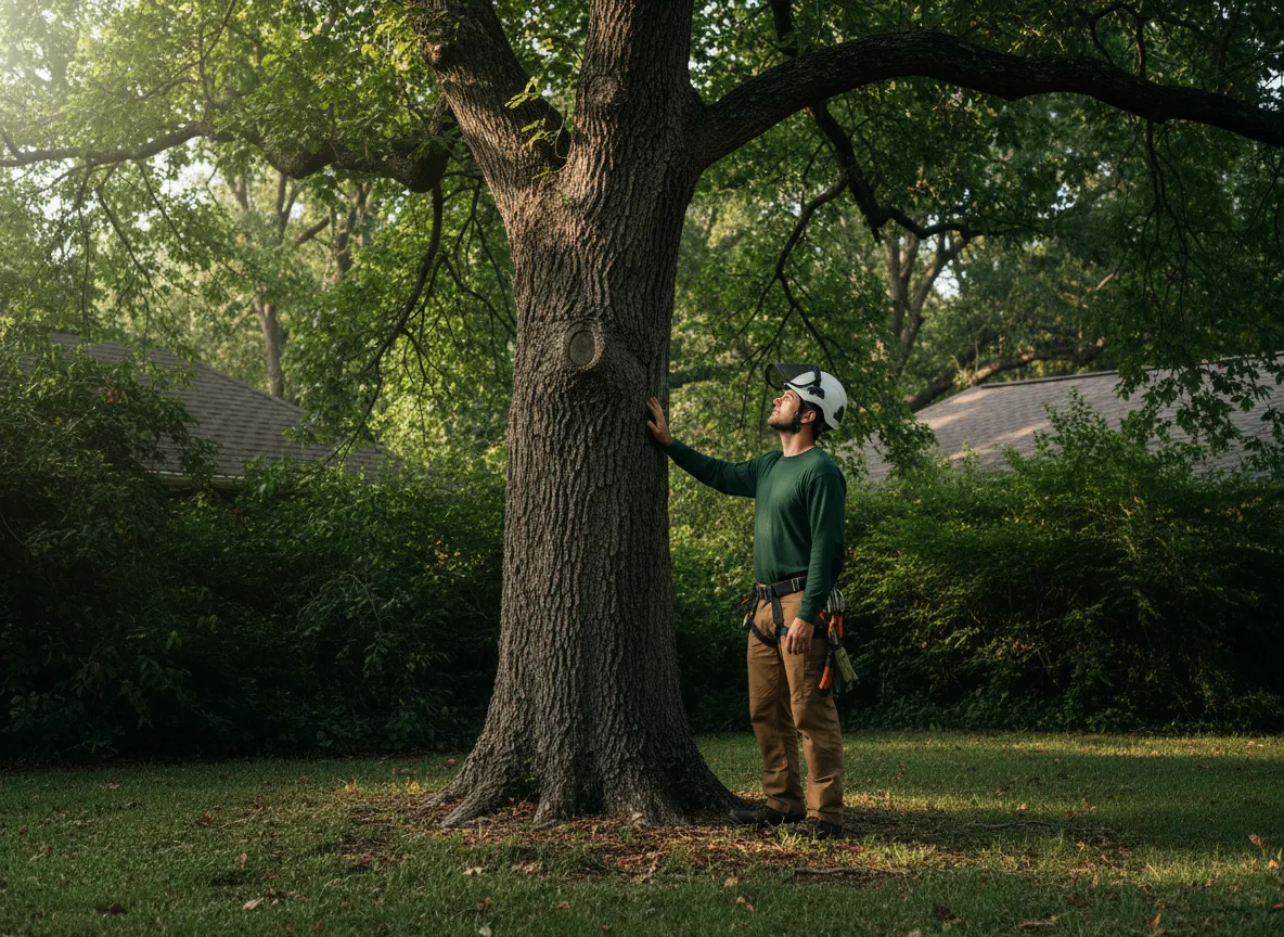 Arborist inspecting tree health after trimming