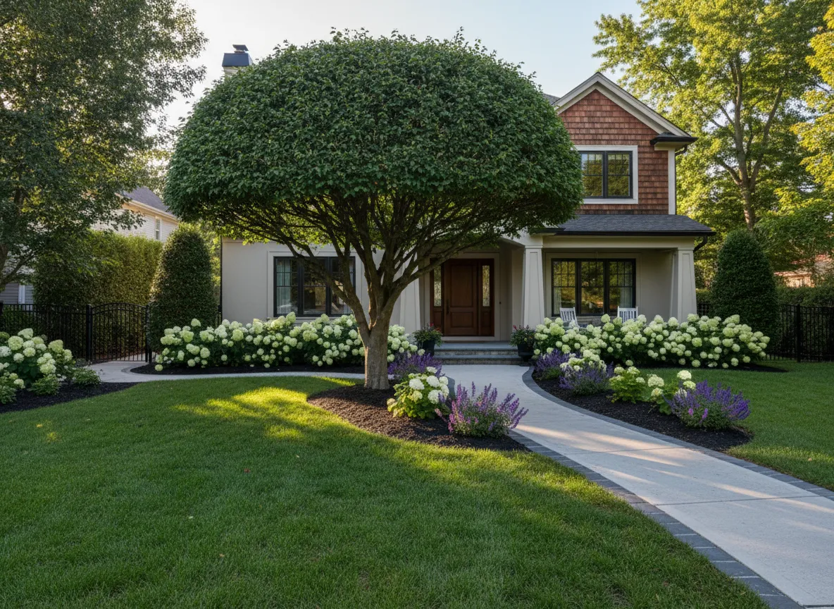 Healthy trimmed tree increasing curb appeal