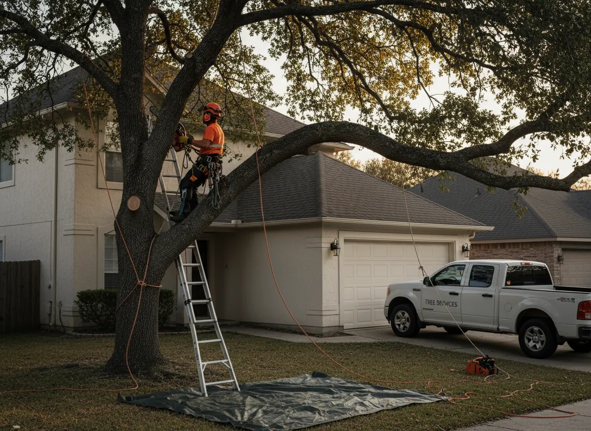 Tree branch being safely removed near home