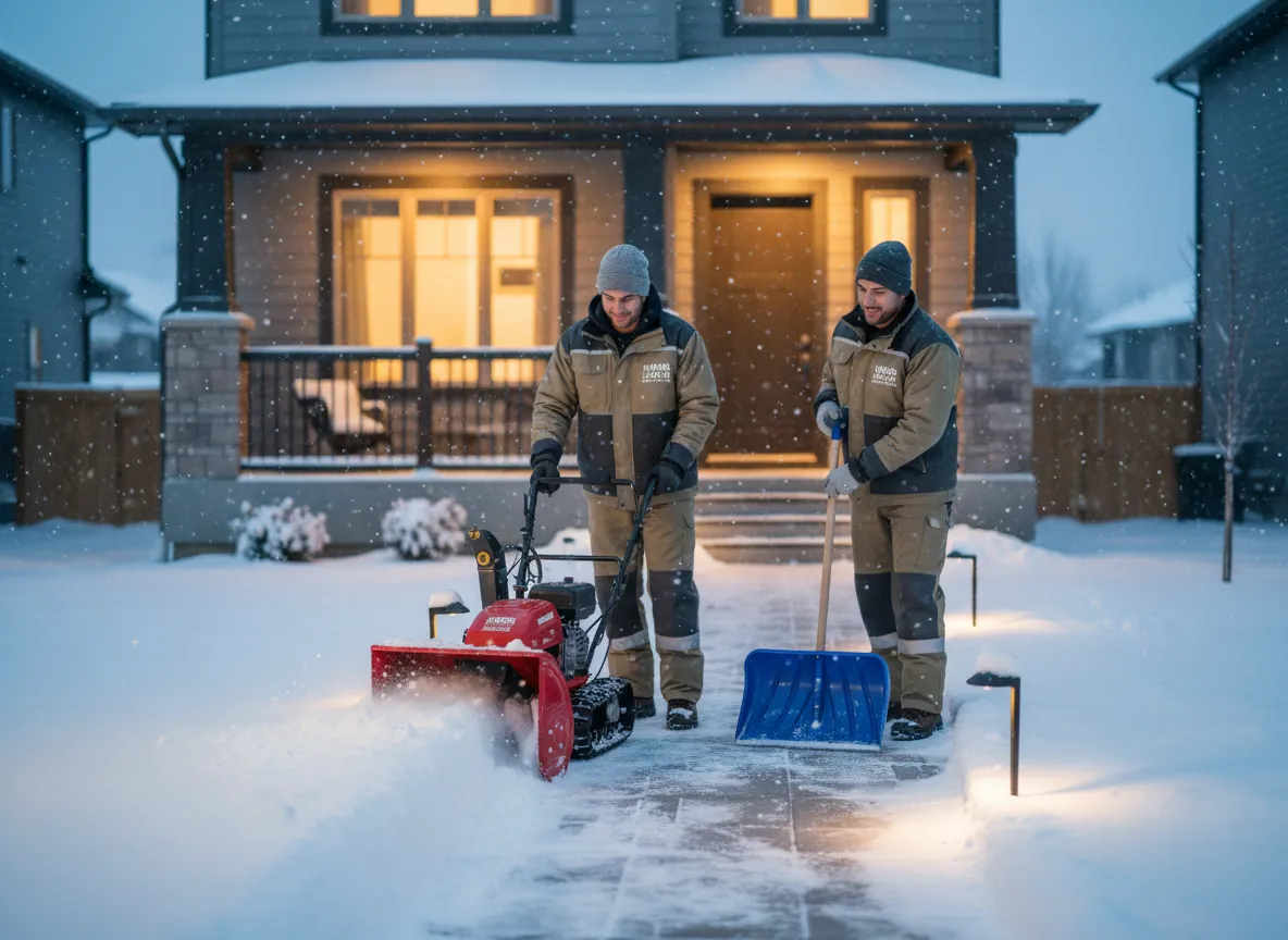 Snow removal team clearing residential walkway