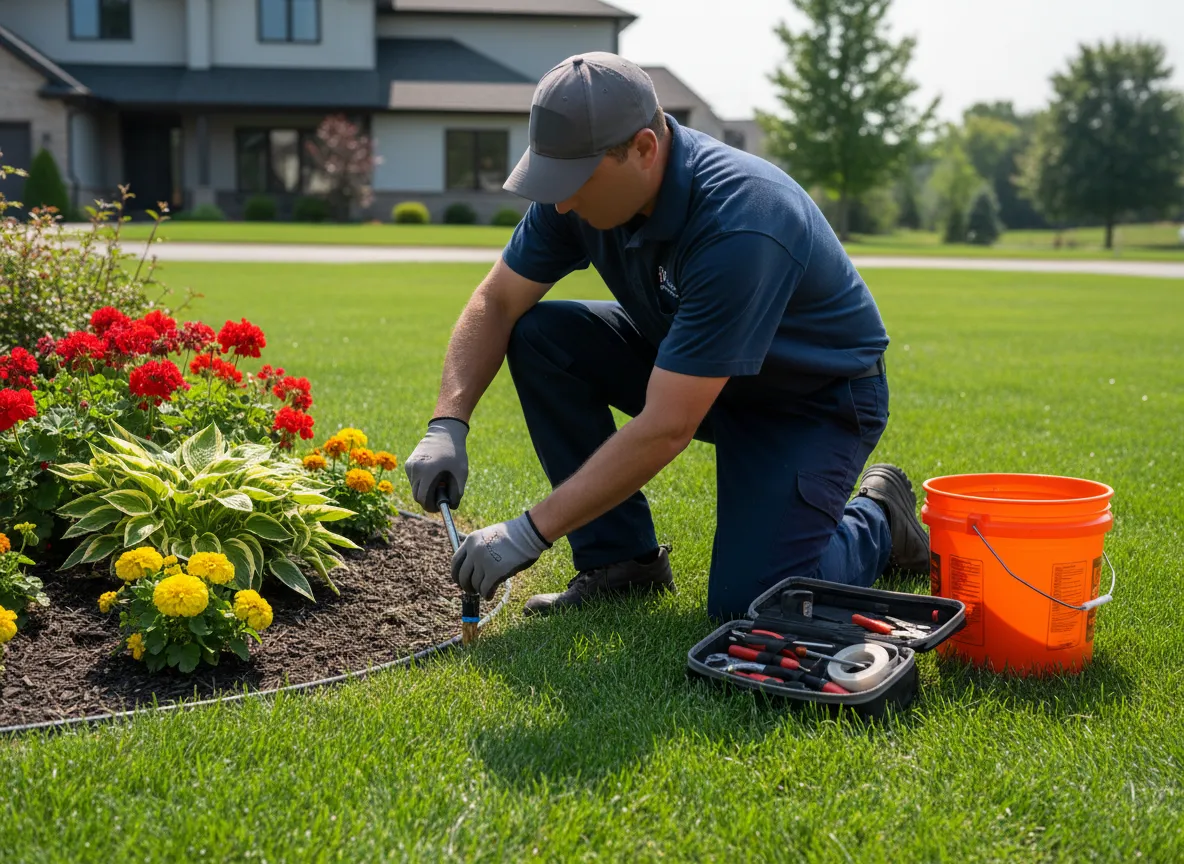 Technician adjusting irrigation sprinkler head in a landscaped yard