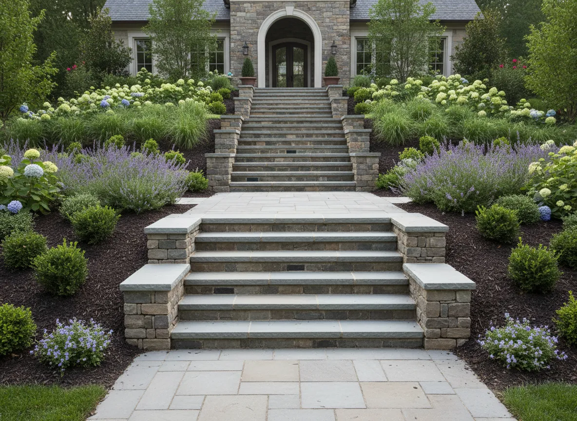 Stone steps integrated into a landscaped hill