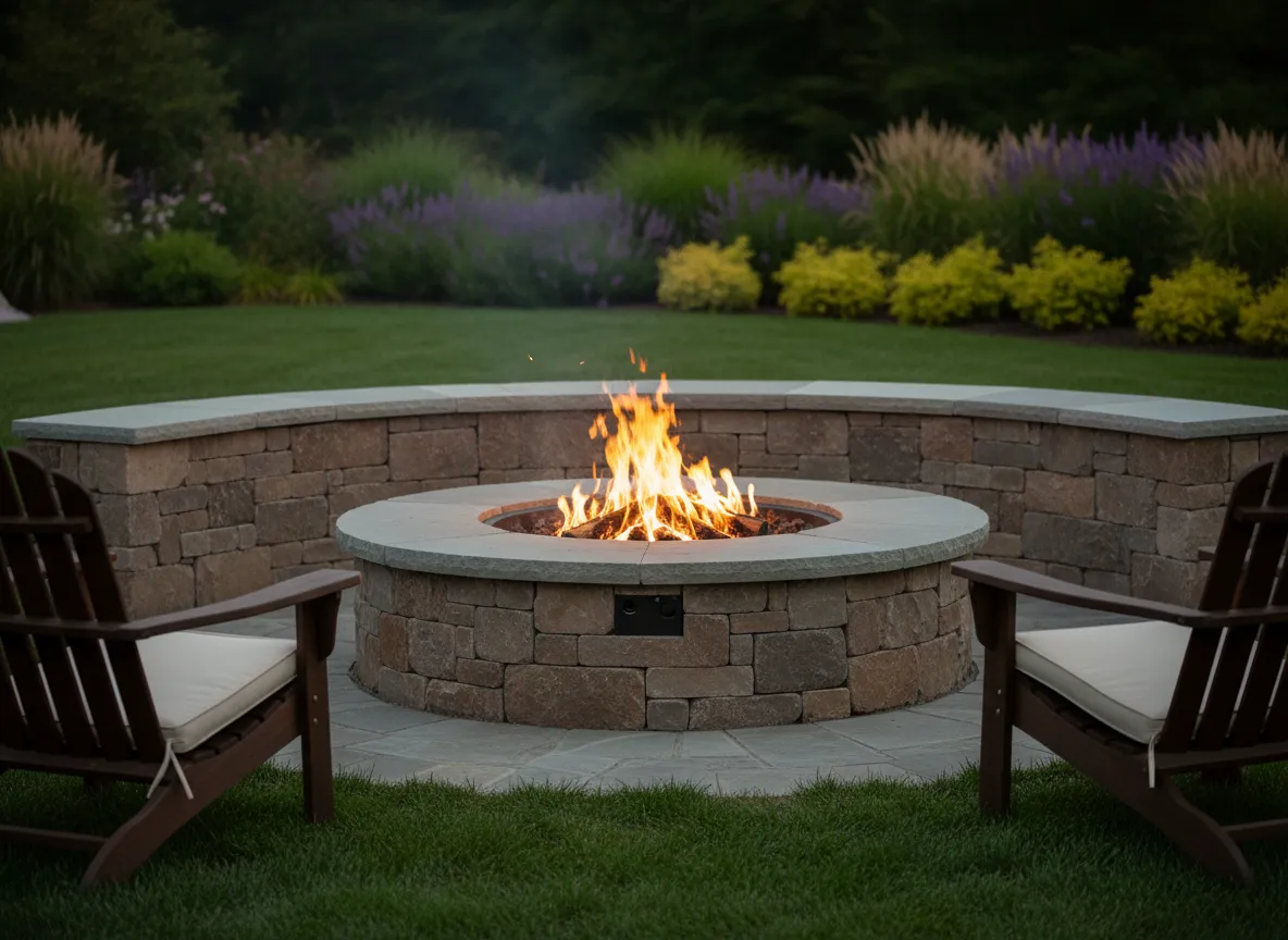 Fire pit with stone seating wall