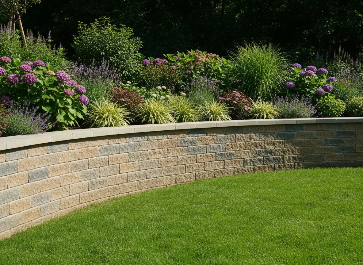 Stone retaining wall with garden beds