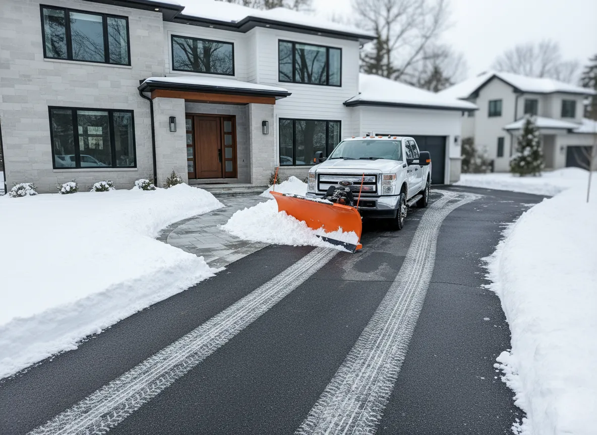 Snow plow truck clearing residential driveway