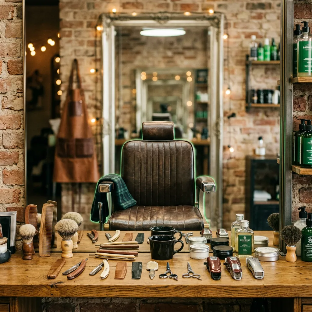 Welcoming professional barber station setup with leather barber chair and grooming tools