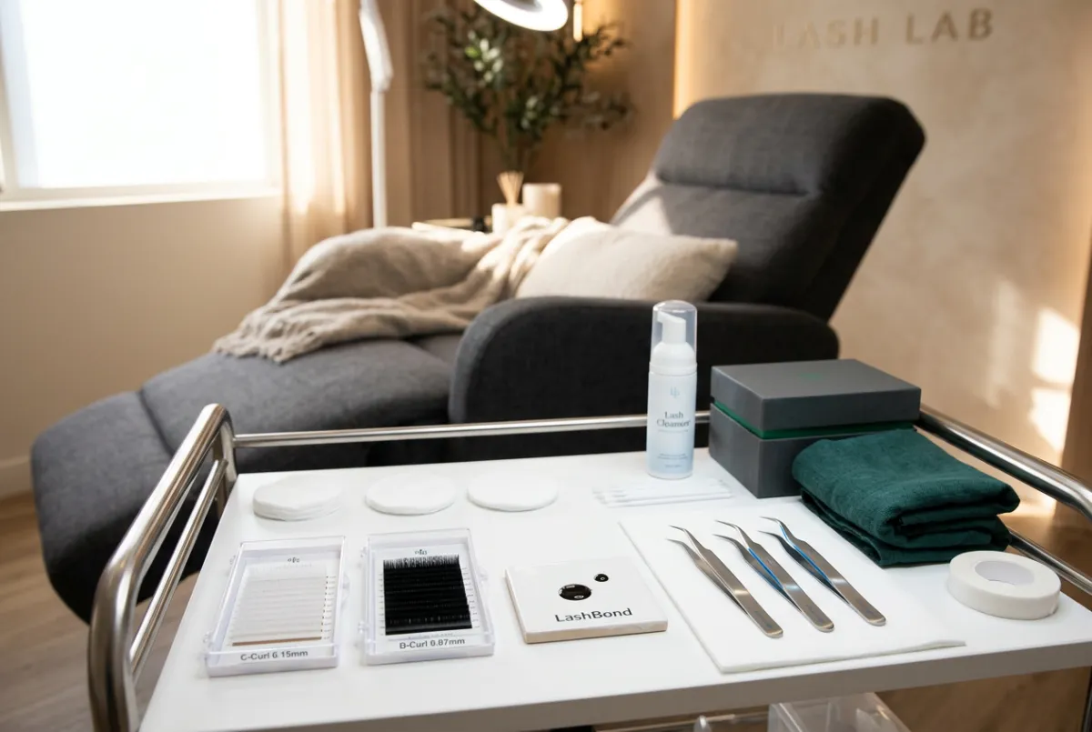 Pristine and sanitized lash extension workstation with lash trays, precision tweezers, and comfortable client setup