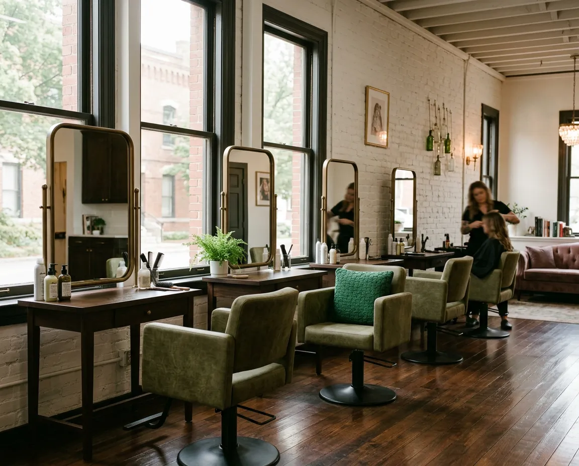 Warm and inviting professional salon interior with styling chairs and elegant decor at 1910 Drummond Street in Vicksburg Mississippi