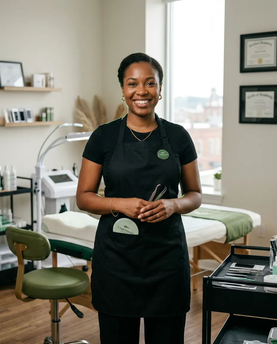 Friendly independent lash artist smiling in professional salon attire inside Shonna's Nails and More in Vicksburg