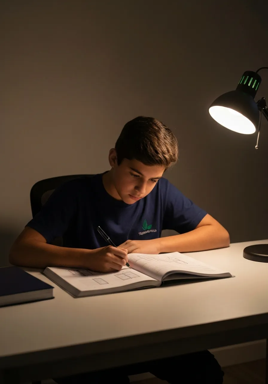 Student studying methodically from a medical blueprint text