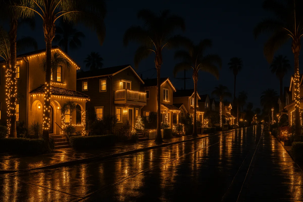 Venice neighborhood street with homes and palms glowing with warm LED lights at night