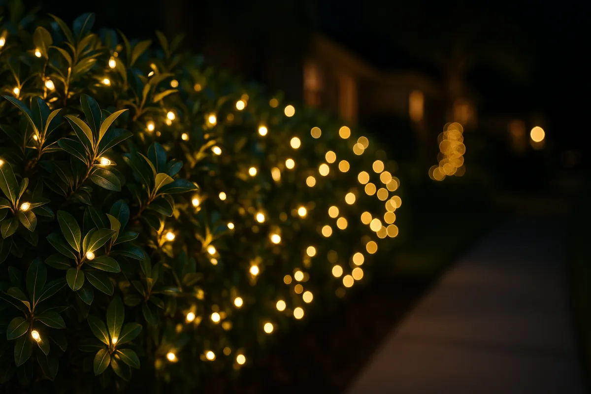 Manicured bushes with warm LED string lights along a walkway in Venice, FL at night