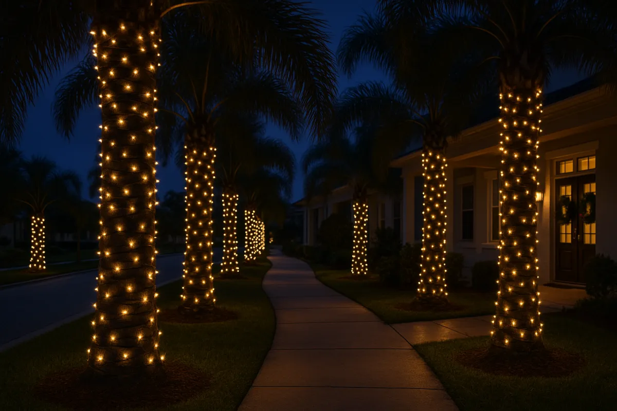 Twilight palms wrapped in warm white Christmas lights along a Venice, FL walkway.