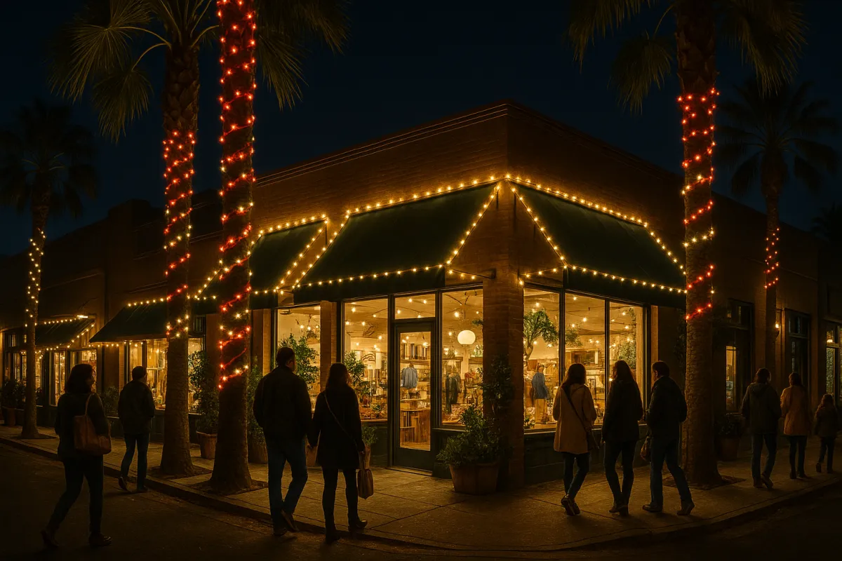Venice Main Street storefronts decorated with holiday lights and wrapped palms