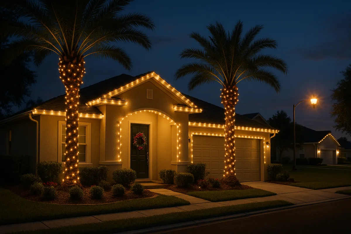 Residential Florida home outlined with warm holiday string lights at twilight, with palms and wreath.