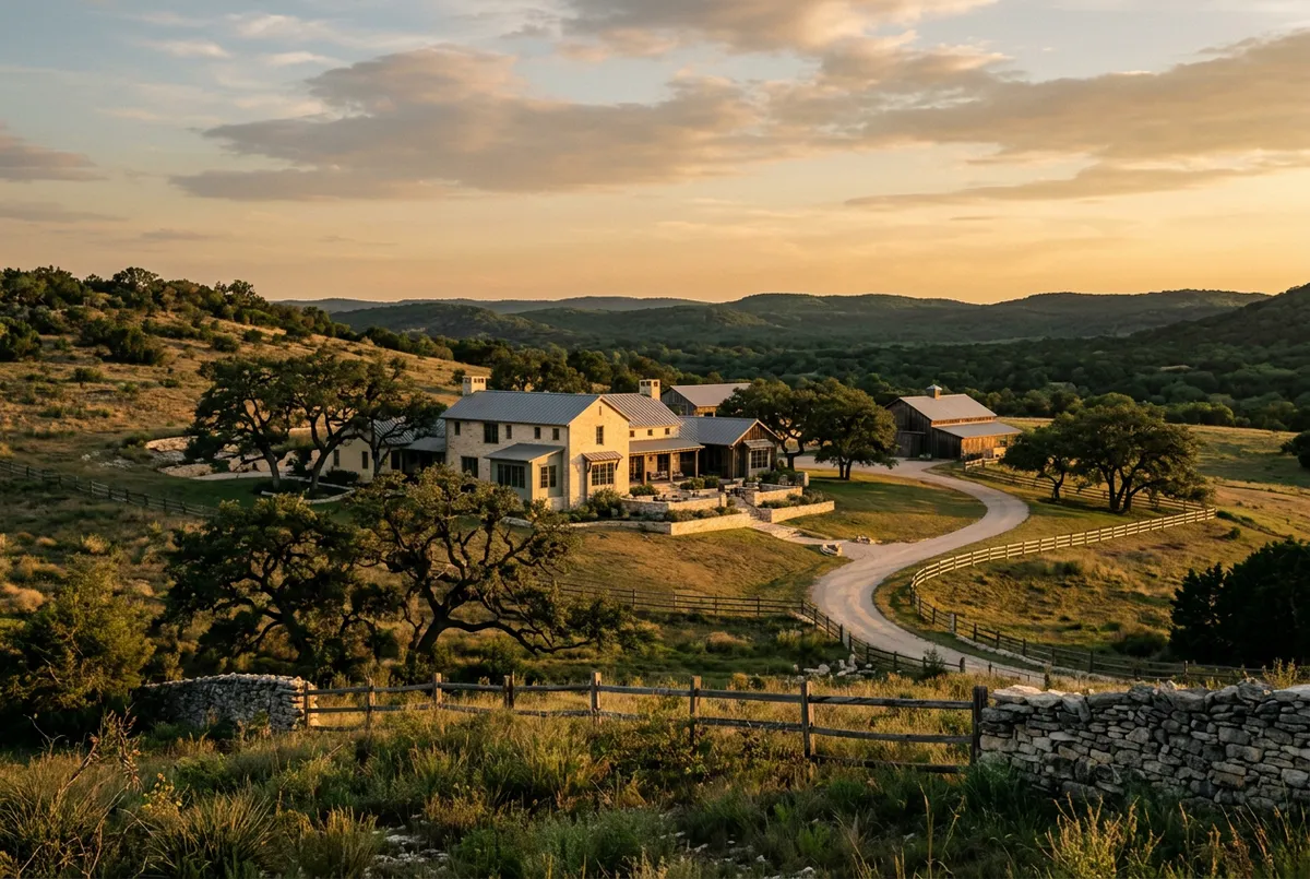 Sweeping Texas Hill Country ranch estate surrounded by heritage live oaks at sunset
