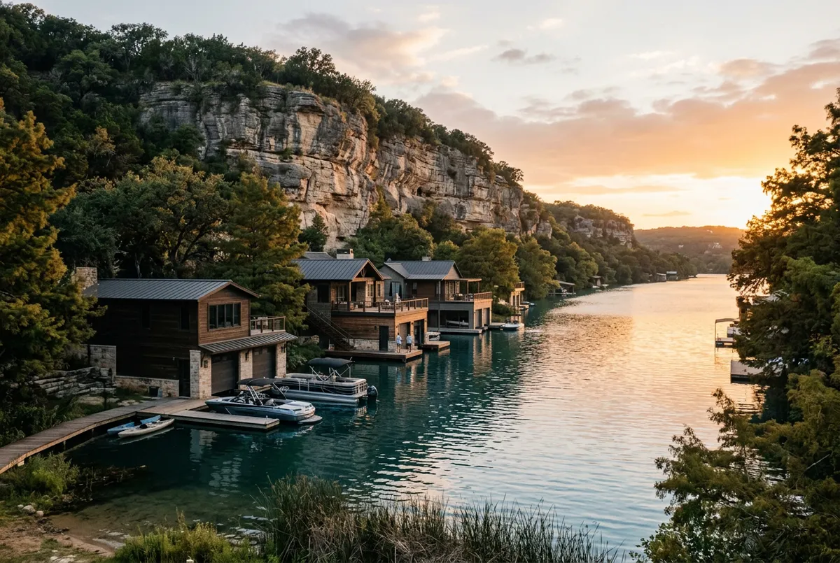 Sunlit Lake Austin waterfront framed by limestone cliffs and private boathouses in Westlake