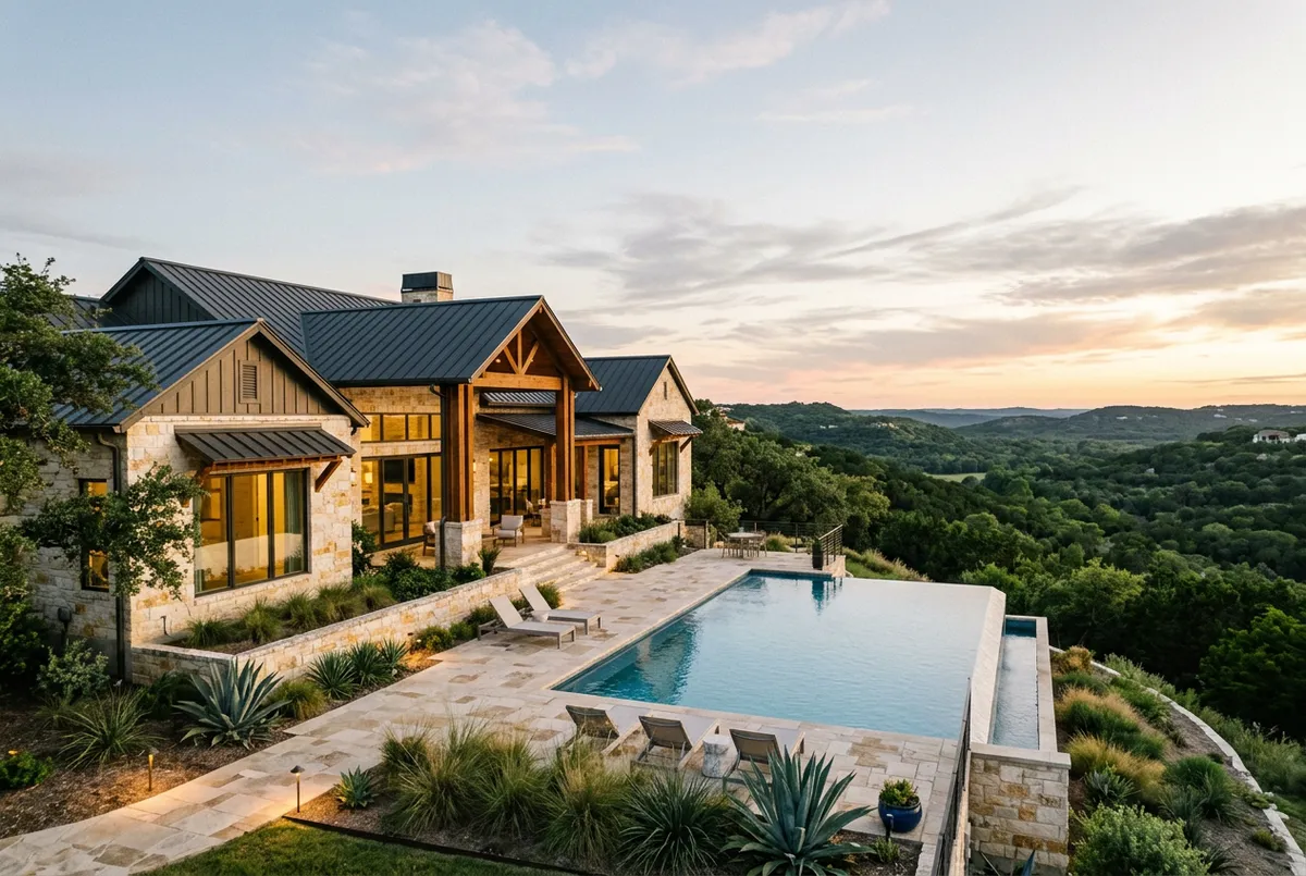 Modern Hill Country estate with native stone facade and expansive panoramic windows