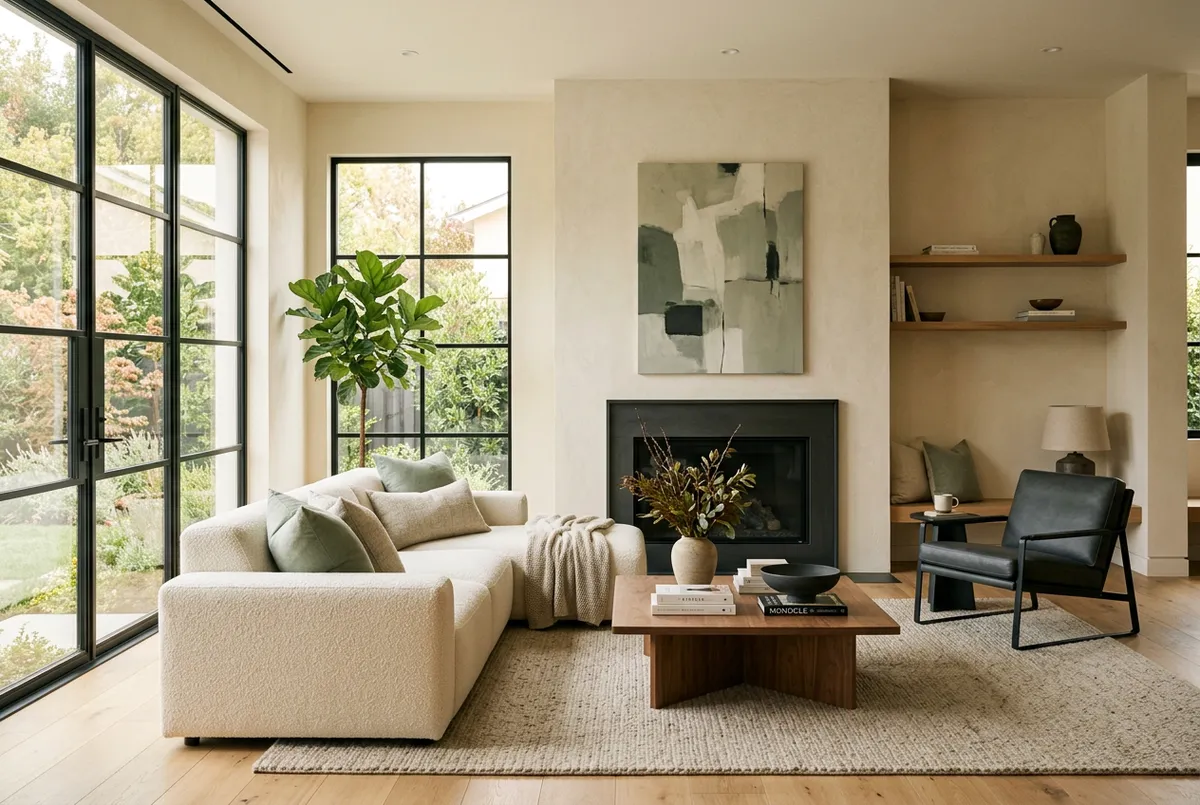 Warm and inviting luxury Austin interior with sunlit living space and natural textures