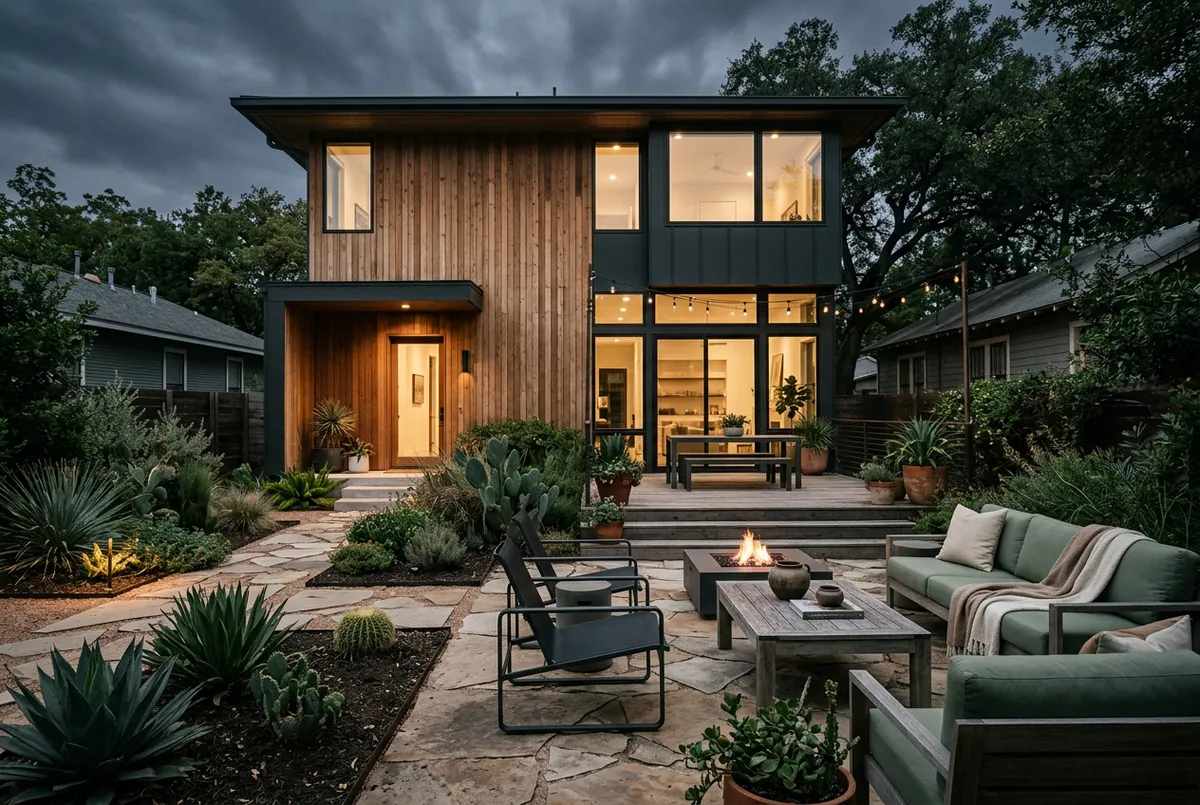 Warm architectural modern home with native landscaping and outdoor living space in East Austin