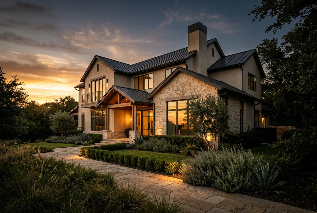 Sophisticated modern Austin architectural estate exterior at sunset with manicured landscaping
