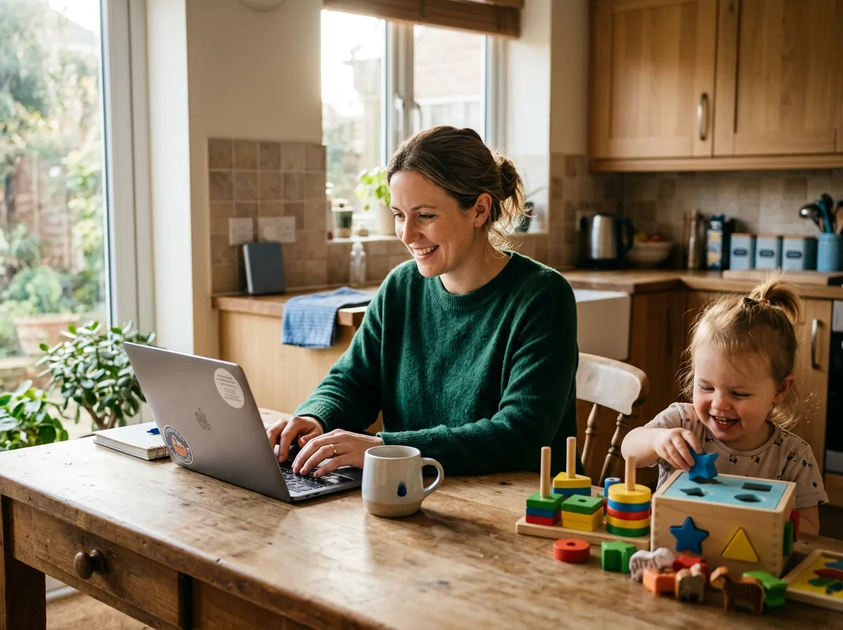 Parent working at laptop whilst child engages in enriching educational play