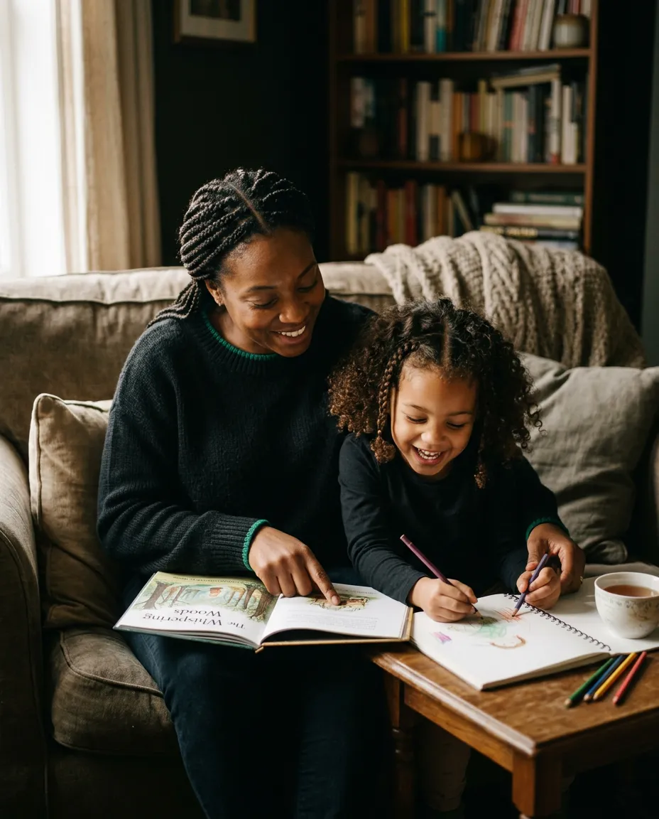 Single parent sharing an encouraging moment reading and drawing with their child at home