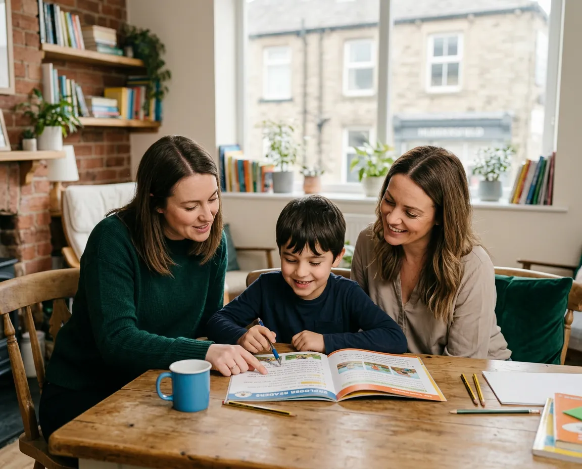 A happy family and tutor engaged in an educational learning session at Tuition Time Hub in Huddersfield