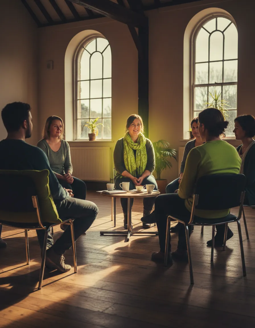 A calm, bright community hall representing wellbeing and safe spaces