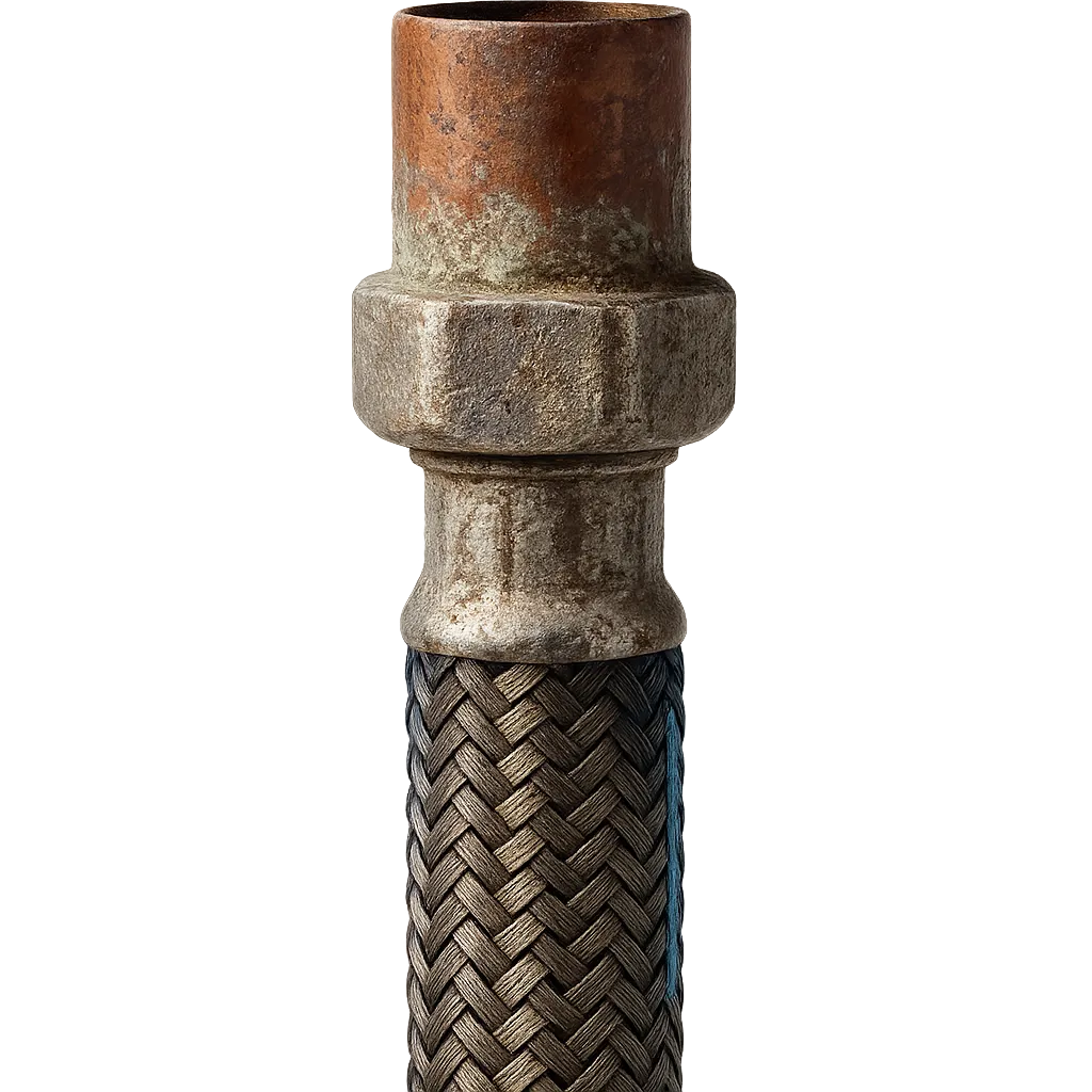 Corroded water heater flex connector showing signs of chloramine wear
