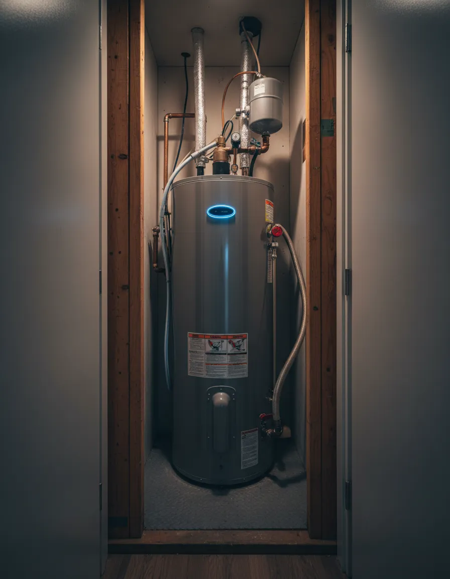 Older utility closet with a water heater in a Port Jefferson Station home