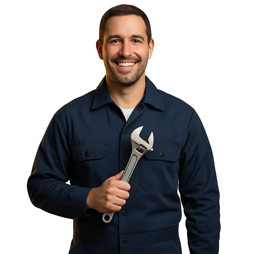 Professional water heater repair technician in deep navy blue uniform holding a wrench
