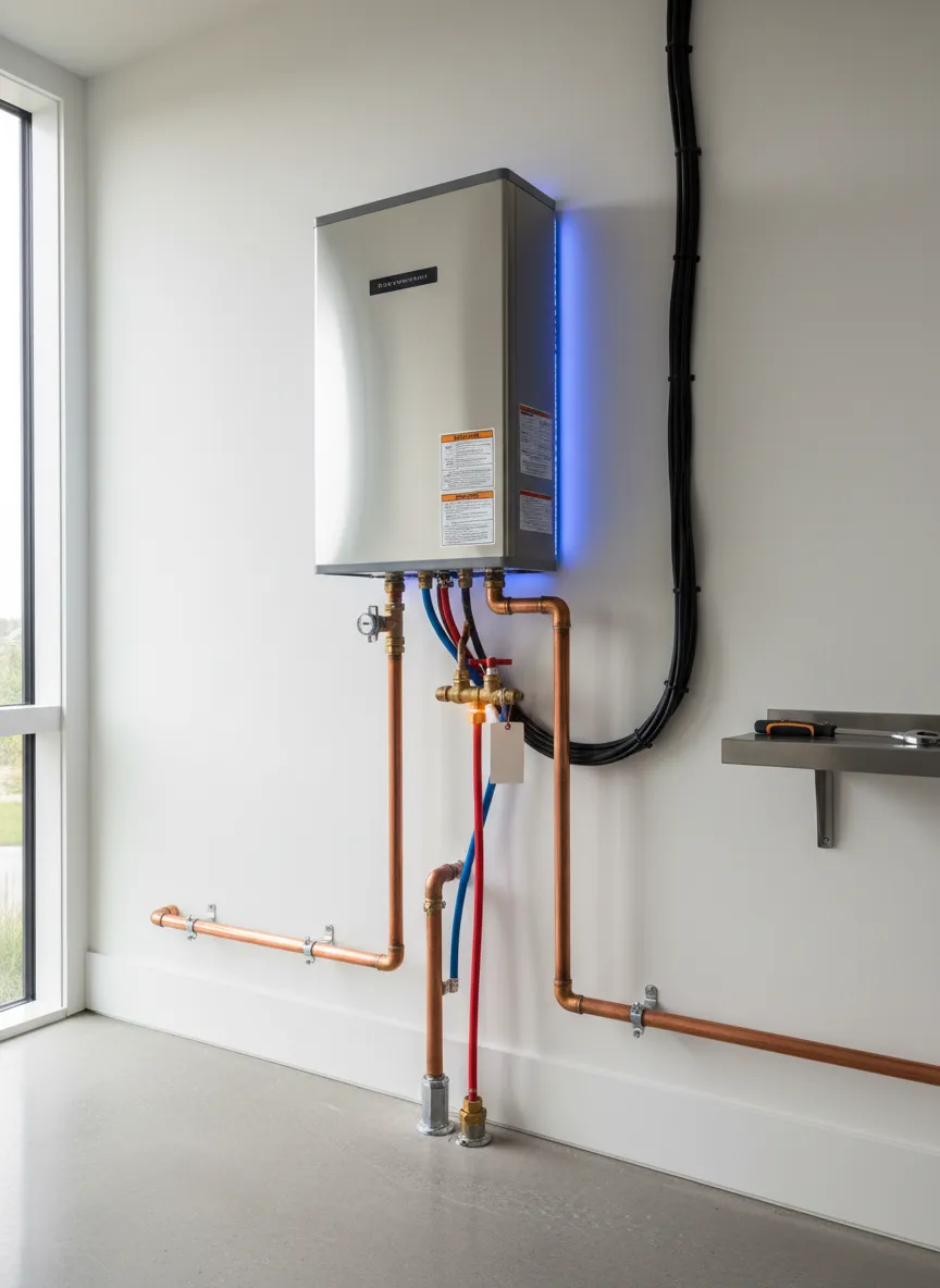 Modern water heater installation in East Setauket mechanical room